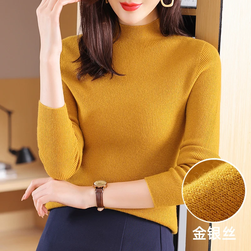 Top Grade Women Seamless Sweater 100% Sheep Wool Tops Ladies Mock Neck Knitwear Female Slim Pure Wool Basic Knit Clothing