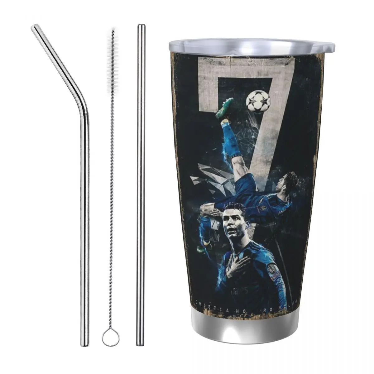 CR-7s Football Soccer Insulated Tumbler with Straws Vacuum Coffee Mugs Double Wall Hot Cold Drinks Cups, 20oz