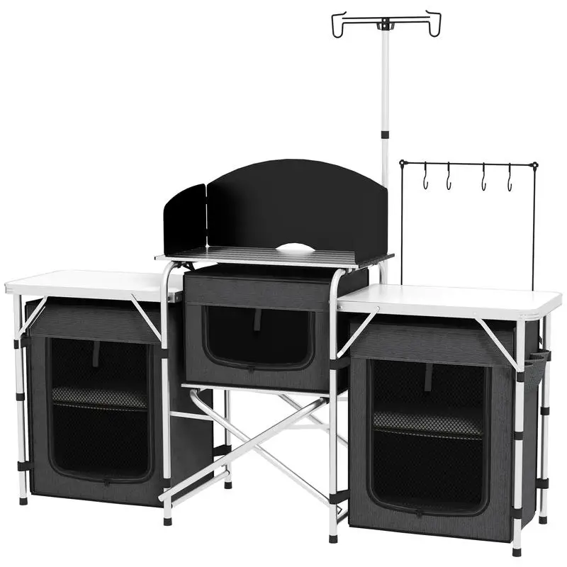

Foldable Camping Kitchen with 3 Levels, 5 Internal Shelves and 4 Hooks, 172x48x119 Cm, Black