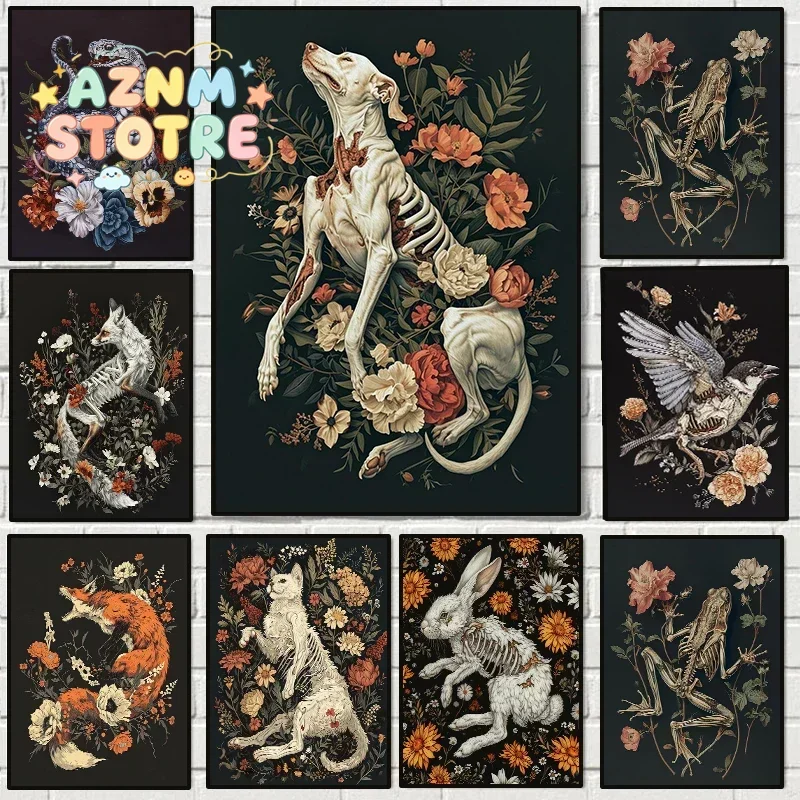 Affiche Horrible Squelette Floral Animal Gothique Chauve-souris Hibou Lapin Renard Peinture sur Toile Art Mural Occulte Dark Academia Décoration Chambre Maison