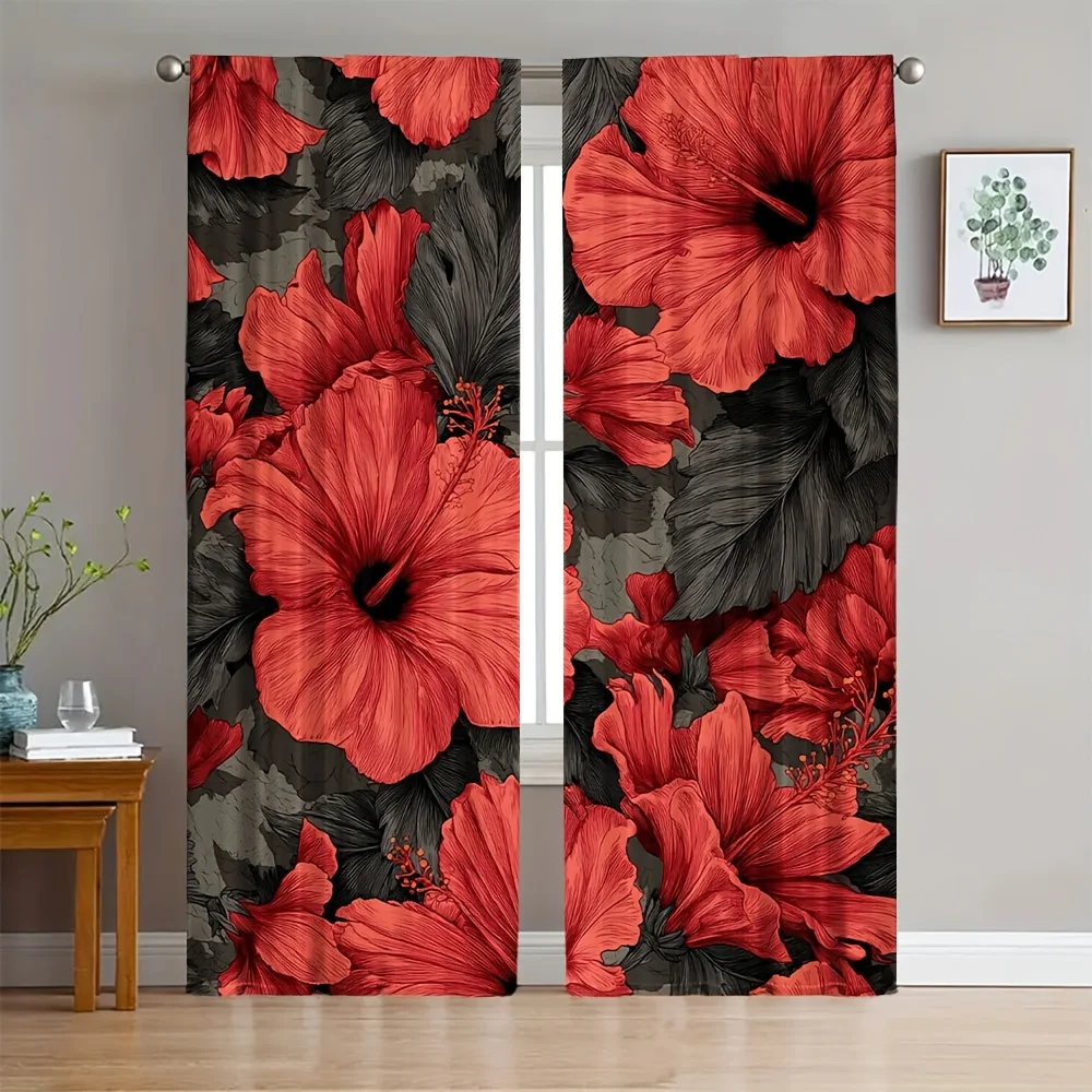 2-teiliges Set Kräftig Rote Hibiskus-Blumen Vorhänge für Wohnzimmer-Fensterdekoration Tropische Botanische Statement-Vorhänge im Paar