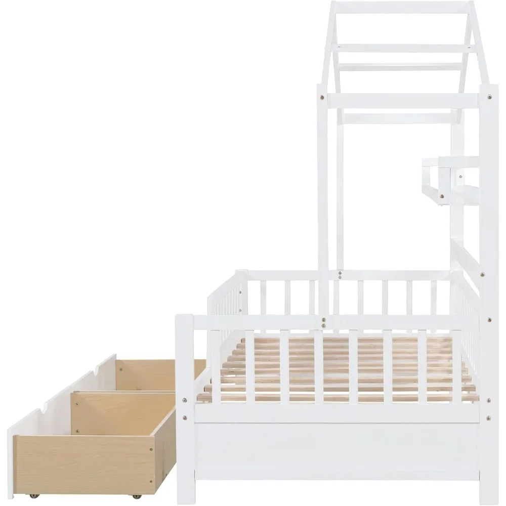 Lit double avec 2 tiroirs, cadre de lit pour enfants en bois avec étagère de rangement