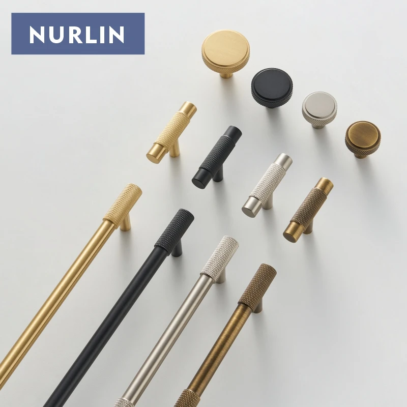 Nurlin gerändelte Schrankknöpfe aus massivem Messing, Kleiderschrankgriff, T-Stange, Antik-Bronze-Gold-Schwarz-Griff, erhältlich in mehreren Größen