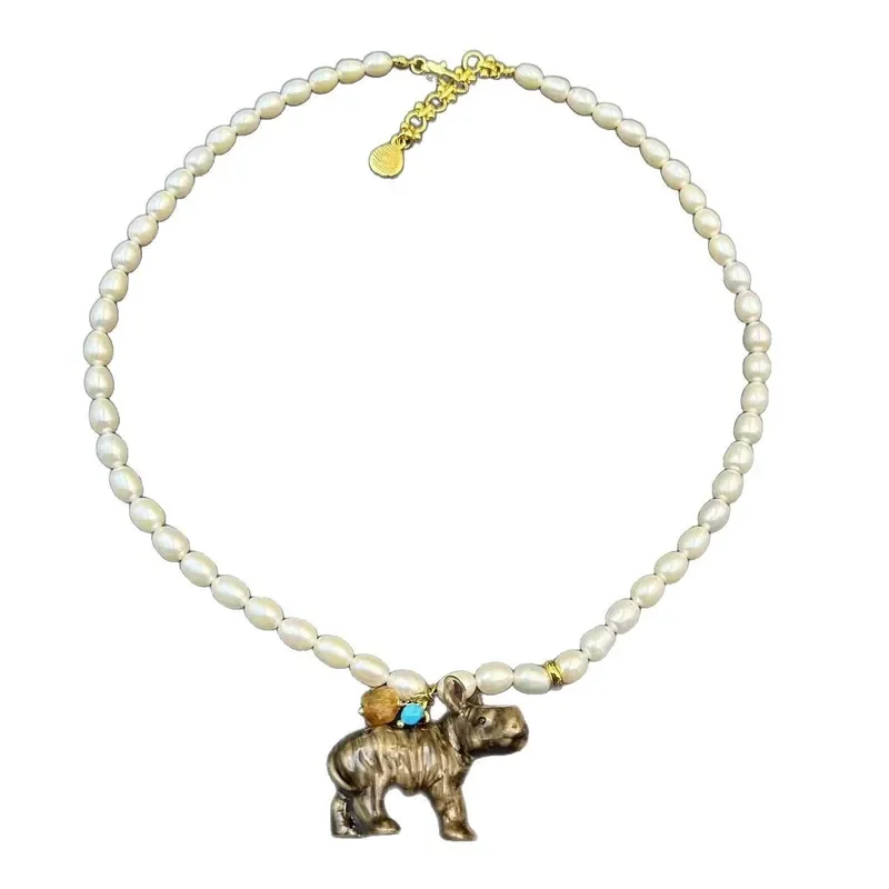 New niche design rhino pearl necklace women's light luxury temperament neck chain pure handmade enamel glaze clavicle chain