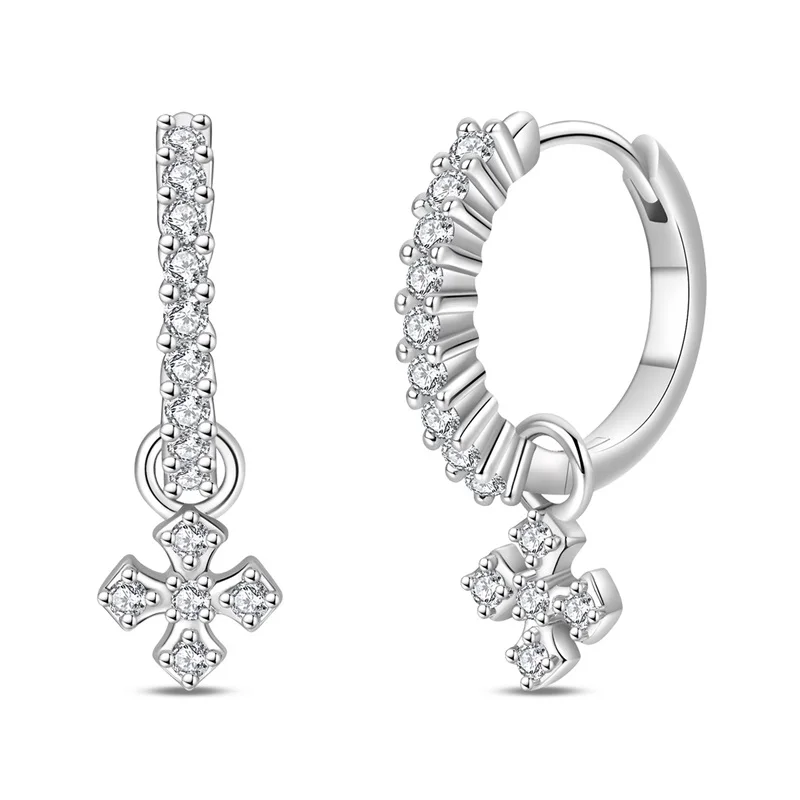

New 925 Sterling Silver Classic Cross Hoop Earrings Sparkling Zircon Earrings For Women Fine Party Jewelry Gifts