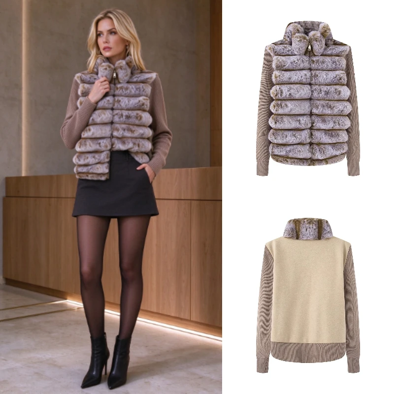 2026 Women's Coat 2026 Autumn/Winter New Fashionable Versatile Stand Collar Patchwork Color-Block Thick Faux Fur Coa
