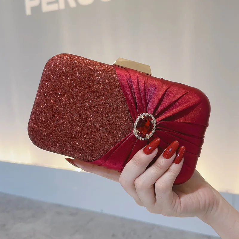 

Luxury Gemstone Clutch Purse Sparkling Burgundy Ruched Patchwork, Elegant Women Evening Wedding Party Formal Handbag