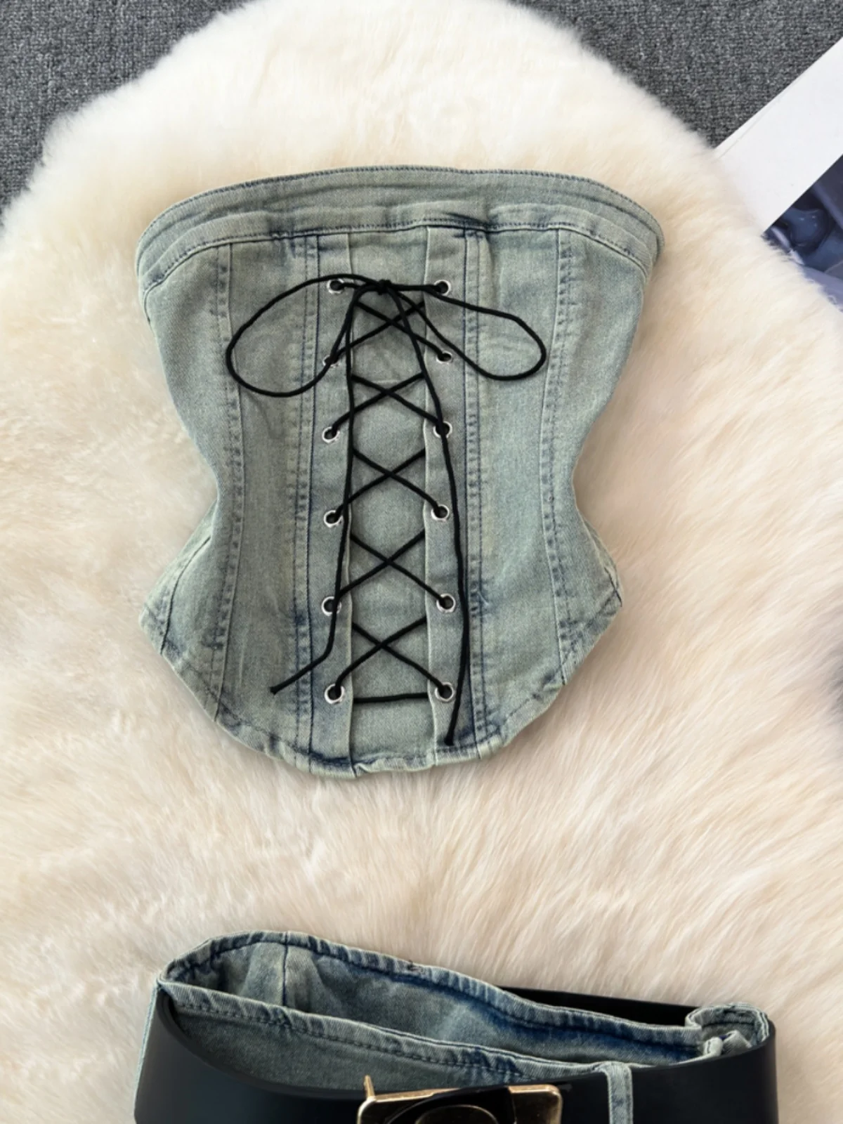 Retro อเมริกัน DENIM ชุดผู้หญิงเซ็กซี่สาวเผ็ดด้านบน + Anti-Light A-Line เผ็ดสาวจีบกระโปรง 2 ชิ้นชุด Faionable