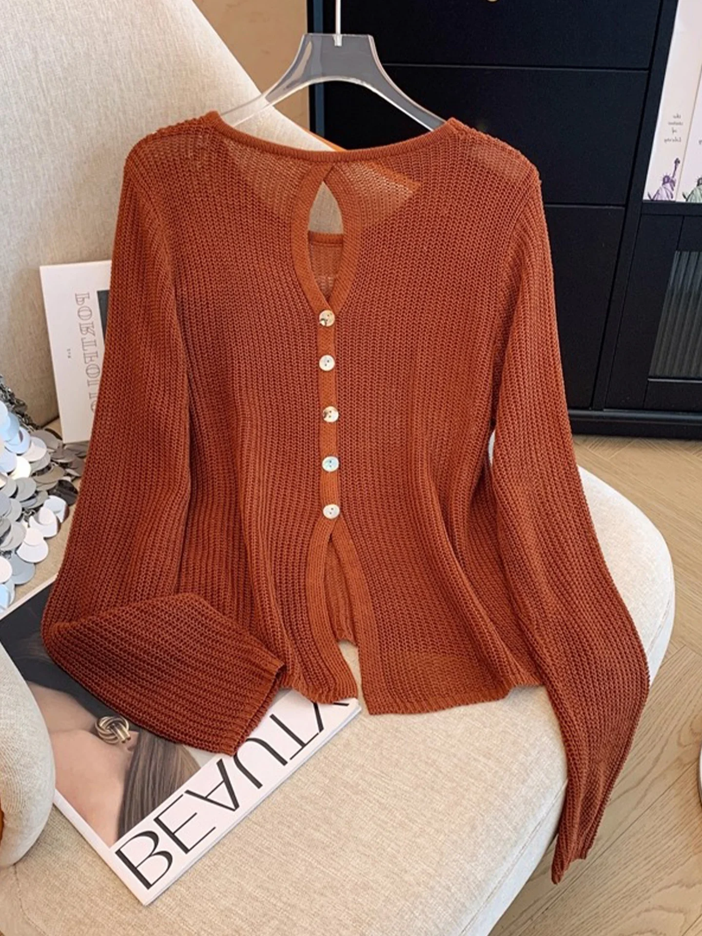 Summer 2025 Loose Hollow out Comfortable Long Sve Ice Silk Knitted Top Simple  Color Base Layer Women's Faion