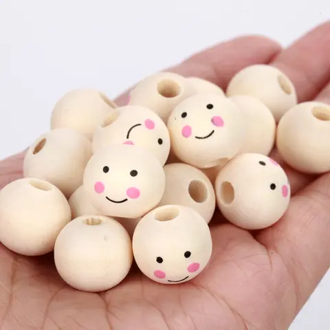 10/30/50Pcs 15mm 귀여운 미소 얼굴 천연 나무 구슬 라운드 스페이서 루즈 비즈 쥬얼리 만들기 수제 DIY 목걸이 팔찌