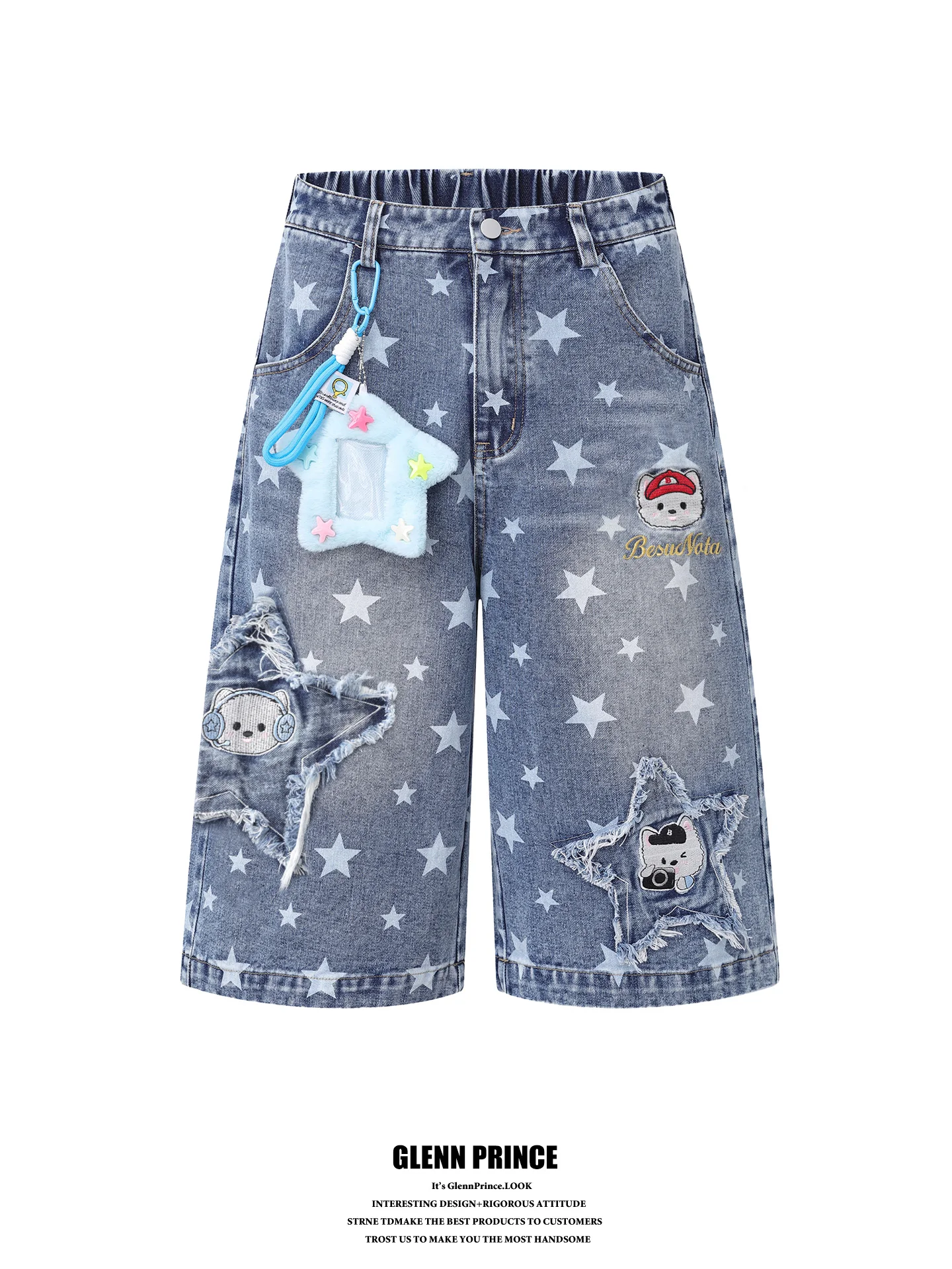 

American Style Dog Star Patchwork Embroidery Pendant Jeans Men's mid Waist Wide Leg Retro Shorts Casual Cotton Polyester Blend