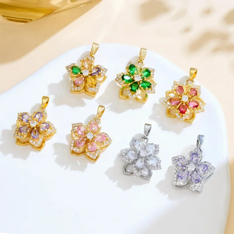 Hot Selling Spin Five Leaf Flower Design Temperament All Kinds of Fashionable Copper Gilt Set Diamond DIY Necklace Accessories