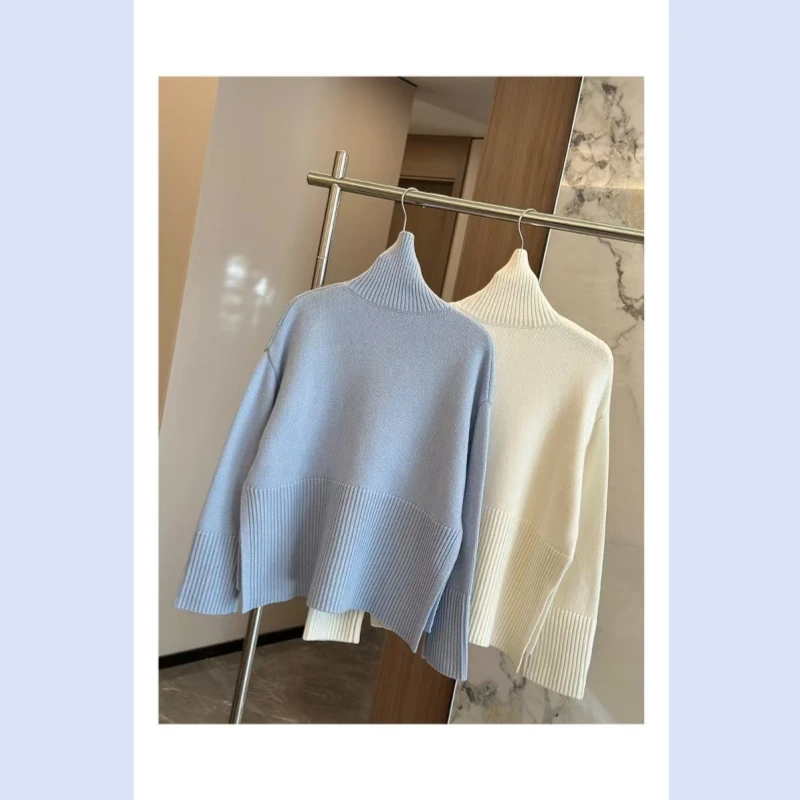 24-jarige TT herfst- en winterzoom split hoge hals kasjmier dames losse lange mouwen voorkant korte achterkant lange gebreide trui