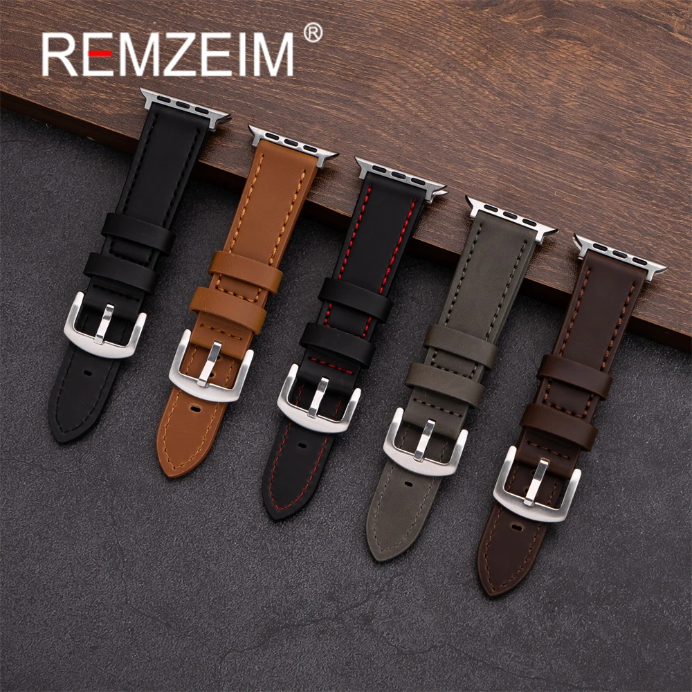 

Мягкий кожаный ремешок в стиле ретро для Apple Watch 1-10 SE 2, мужской браслет для Iwatch 38/44/45/40/41/42/46/49 мм, сшитый вручную ремешок с резьбой