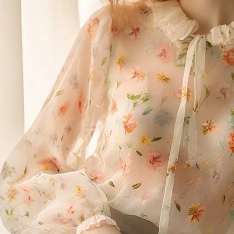 Spring Autumn Fashion Printing Women's Clothing Ruffles Shirts Long Sleeve Simplicity Temperament Chiffon Lacing Pullovers Tops