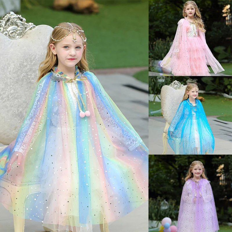 Halloween Costume Girls Rainbow Sequin Princess Shawl Colorful Tulle Cape Cloak Child Fancy Dress Up Mantle Cosplay Kids Clothes