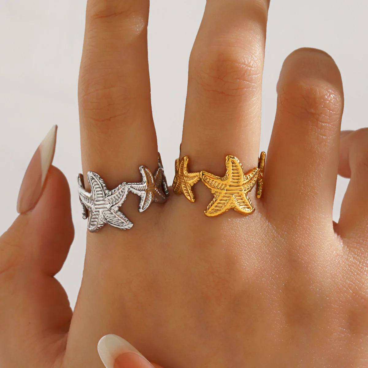 Gold Color Adjustable Starfish Bohemian Vacation Style Stainless Steel Ring for Women Trendy Wedding Aesthetic Jewelry Gift