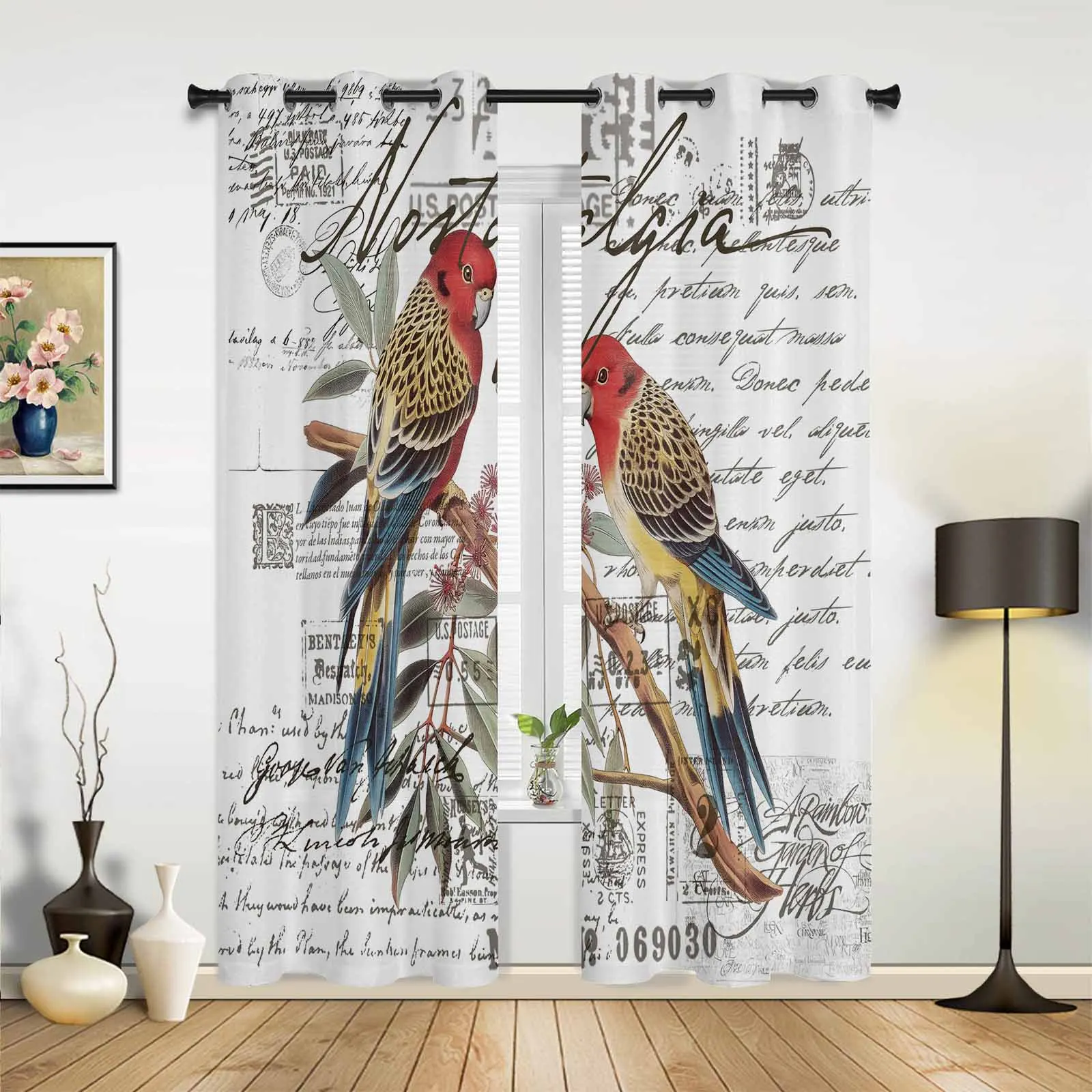 Vintage Envelope Postmark Bird Parrot Modern Window Curtains for Living Room Bedroom Curtain Kitchen Treatment Blinds Drapes