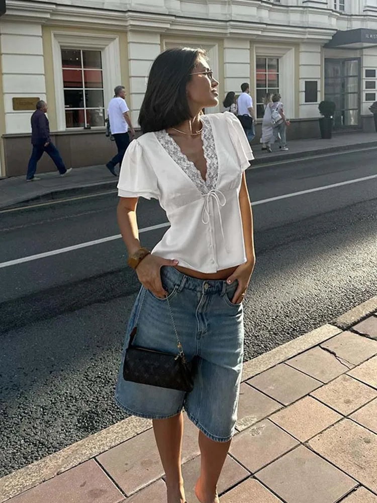 Women Tops Solid Lace -Neck Short Sleeves Satin Slim Button Regular Streetwear Tees Female Basic T Shirts2026New Women Solid Lac