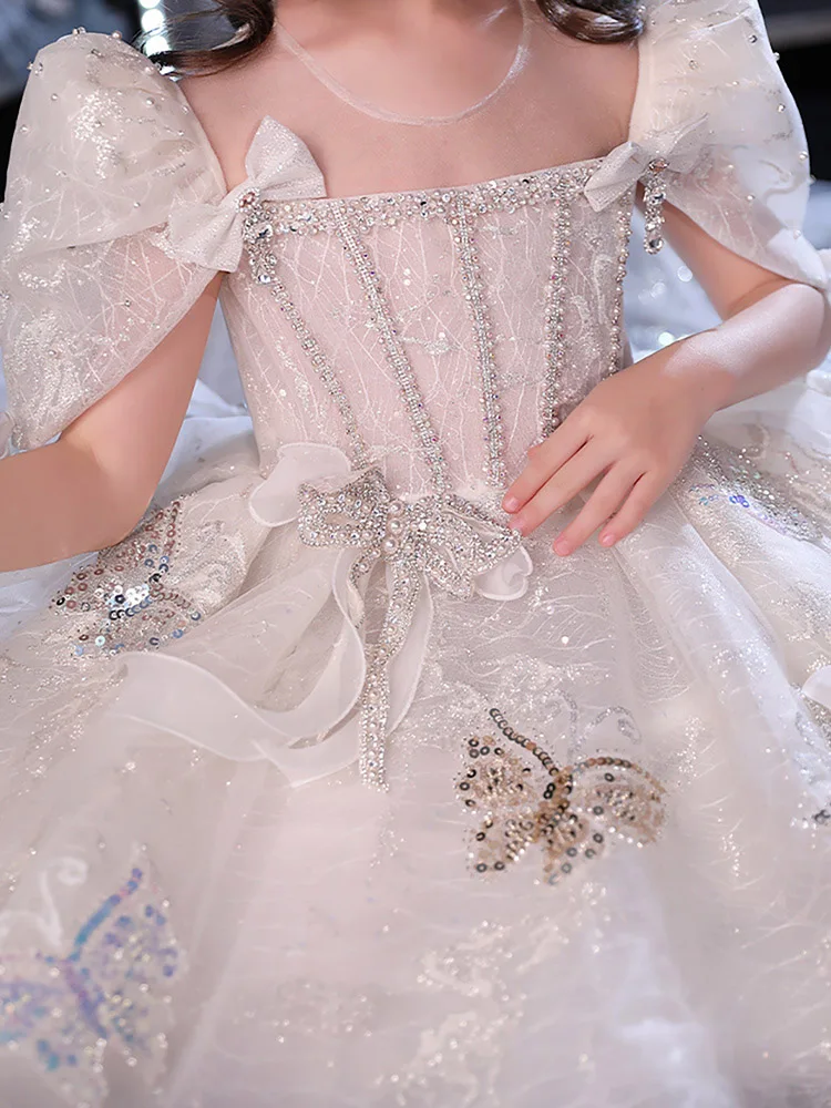 Luxury Girls Bow Puff Sleeve Princess Dress Shiny Piano Performance Ball Gown Pearl Beadings Sequins Kids Children Formal Dress