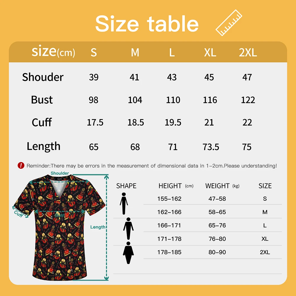 Fashion Scrub Top Medical Nurse Blouse Women Men's Halloween Shirts Print Short Sleeve Cute Fun T-shirts Workwear With 3 Pockets