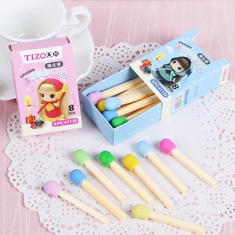 1 box Cute Kawaii Matches Eraser Lovely Colored Eraser for Kids Students Kids Creative Item Gift