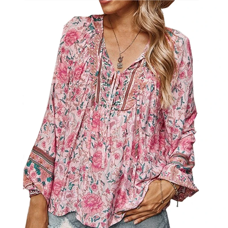 Thin Ladies Floral Long Sleeve T-shirt Boho Sweet Printed V-neck Loose Tee Holiday Y2K Women's Blouse Women Clothing