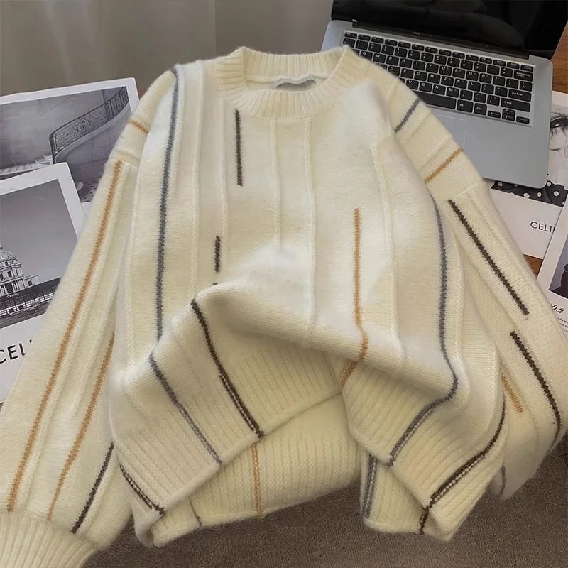 

plus Size Women's Knitted Sweater Retro Stripes Hooded Coat Soft Cozy Lazy Sle Autumn Winter Korean Version round Ne Long...