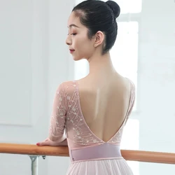 New V Neck Dance Embroidered Flower Gymnastics Leotards Girls Adult Middle Sleeve Conjoined Body Training Ballet Leotard