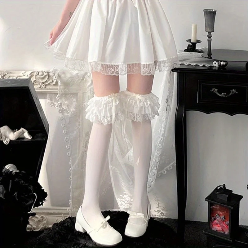 1 paio di calzini al ginocchio in pizzo bianco latte Lolita calzini lunghi in cotone con fiocco dolce JK calzini corti in seta bianca Lolita