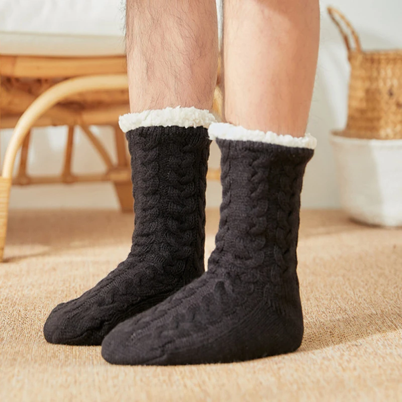 Chaussettes thermiques pour hommes, chaudes pour la maison, en coton doux, épais, en velours, pour dormir, antidérapantes, pantoufles de sol courtes, hiver