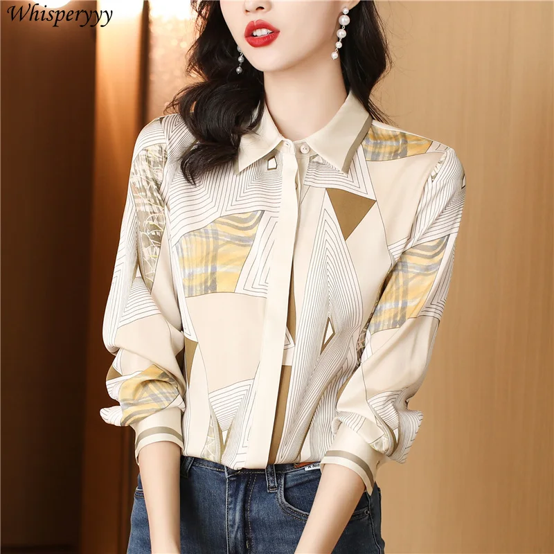 Shirt Women's Spring Long-sleeved Striped Printed Tops Design Sense  Blusas De Chifon Elegantes Button Lapel Shirt Female