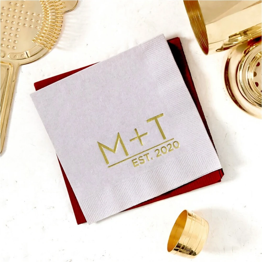 50pcs Custom Initials Napkins - Modern Established Initial Cocktail Napkins - Custom Printed Foil Napkins, Wedding, Anniversary