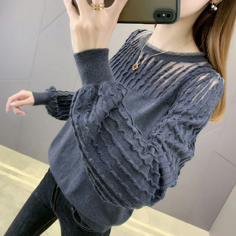 O-Neck Knitting Splicing Hollow Out Design Casual Sweaters Pullovers for Women 2022 New Korean Fashion Women\'s Clothing Chic Top