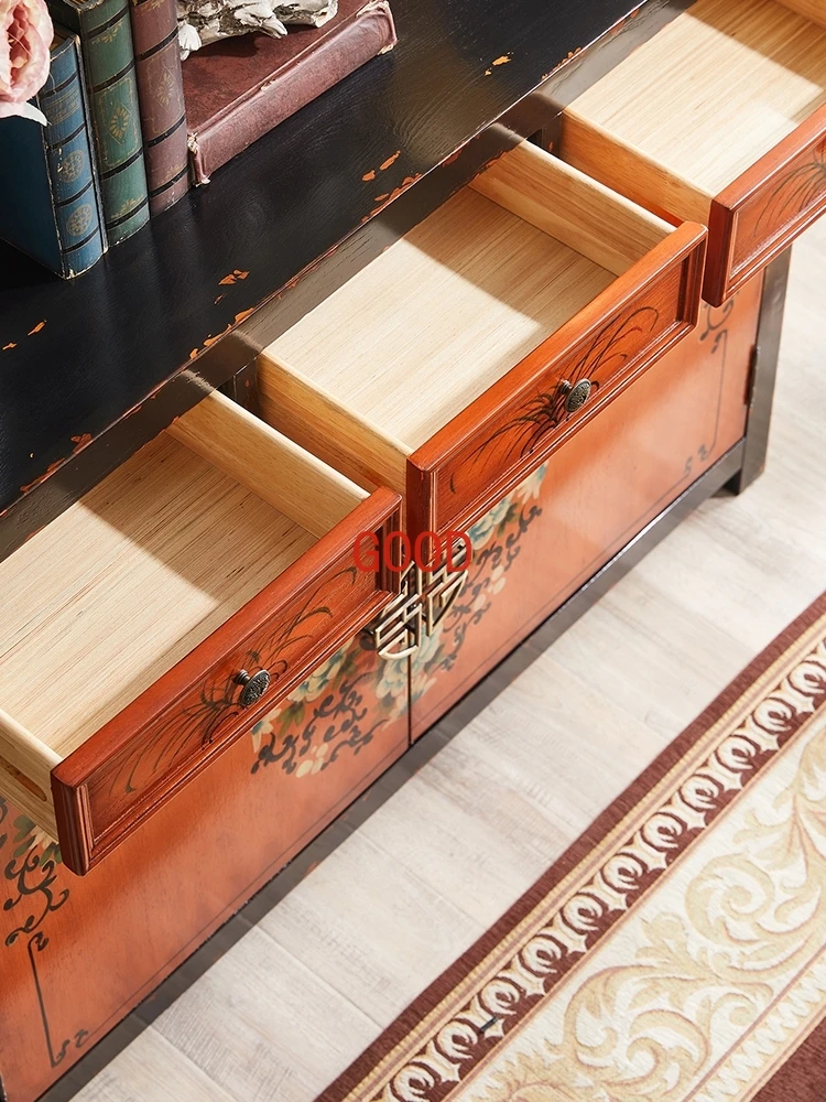 American solid wood old painted foyer entrance cabinet European retro dining side cabinet entry shoe cabinet storage decorative