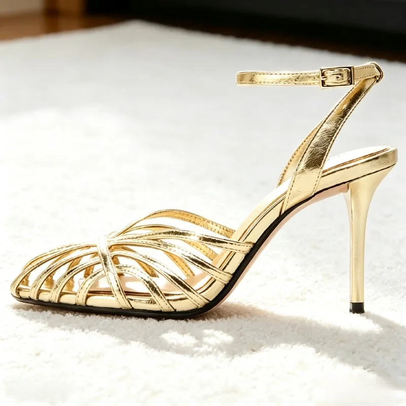 Sexy Gold Hollow Narrow Band High Heel Sandal Women Fashion Ankle Strap Buckle Thin Heel Designer Shoe Elegant Dinner Dress Shoe view 4