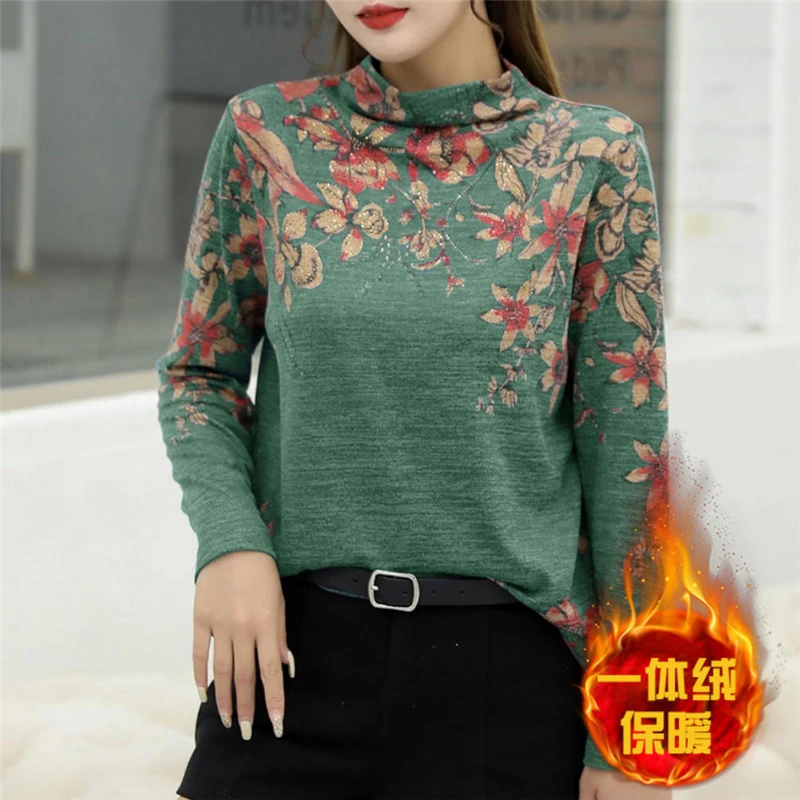 Women Vintage Floral Print Thick Warm Half High Collar Diamonds Basic T-shirt Autumn Winter Casual Loose Long Sleeve Ladies Tops