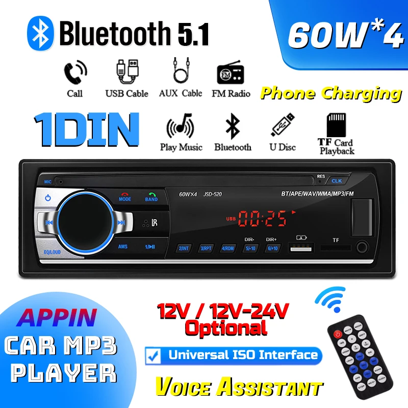 Car MP3 Bluetooth Player 520LED TWO USB Socket With Fast Charging Function, Truck FM/TF/AUX Radio Card Reader Has CE ROHS