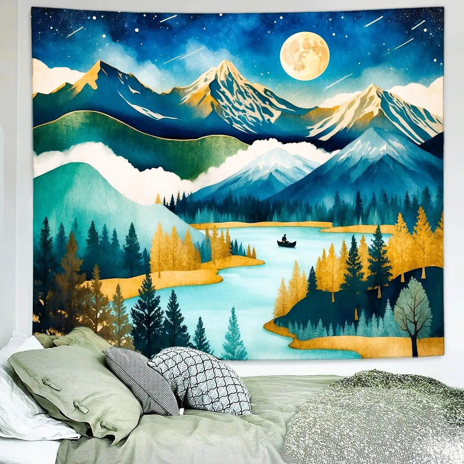 Celestial Mountain Landscape Tapestry, Golden Moon & Shooting Stars Over Lake, Mystical Wall Art for Meditation Room & Altar