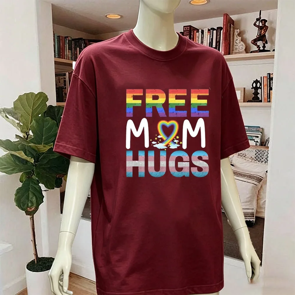 Mom Hugs T-Shirt LGBTQ Pride Proud Ally Tee Mother's Day Gift Clothes Women Tops Colorful Letter Print T Shirt Cotton Tees