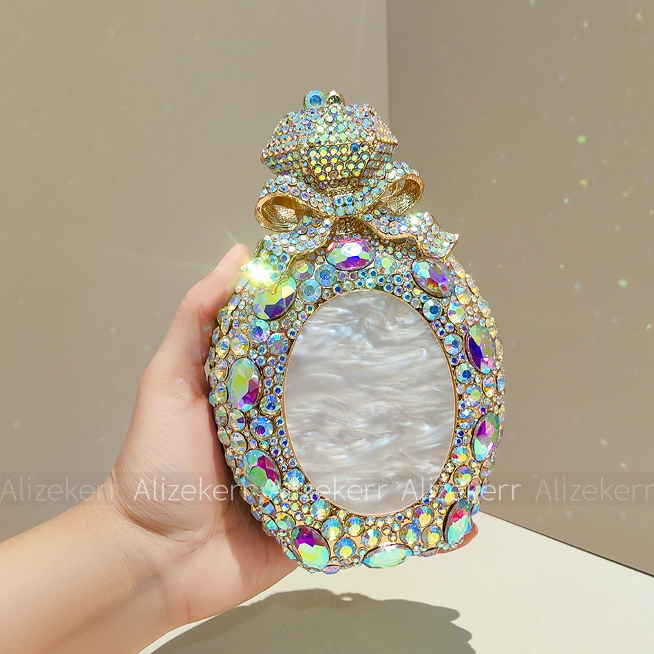 Alizekerr Perfume Bottle Shaped Crystal Evening Bags Women Boutique Diamond Bow Metal Clutch Purses And Handbags Wedding Party
