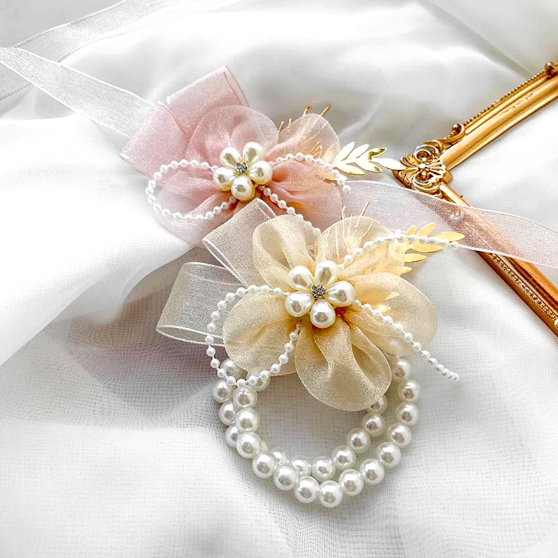 New Pearl Silk Yarn Bridal Bridesmaid Wrist Flower Women Girl Wedding Party Hand Flower Wristband Jewelry Decor