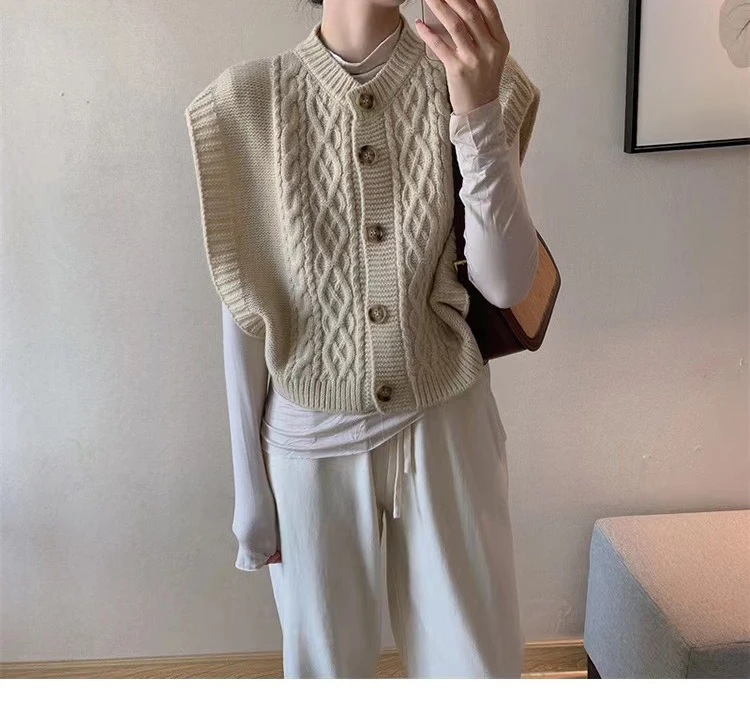 

Autumn Winter Women Cashmere Vest Buttons Up Knit Sweater Loose Office Casual Waistcoat Knitted Sweater Vest