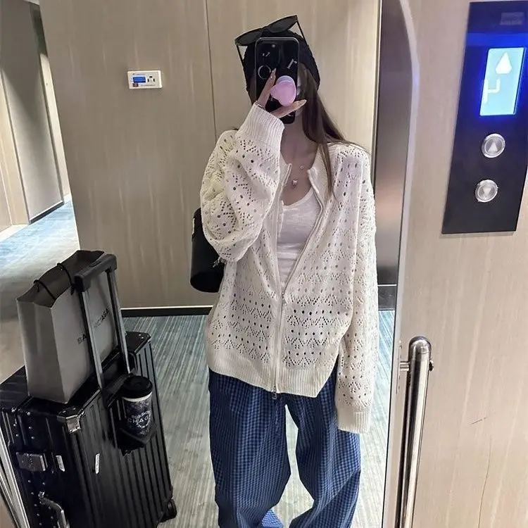 Spring and Summer Design Sense Hollow Crochet Double Zipper Sunscreen Blouse Jacket Loose and Thin White Knitted Cardigan Top