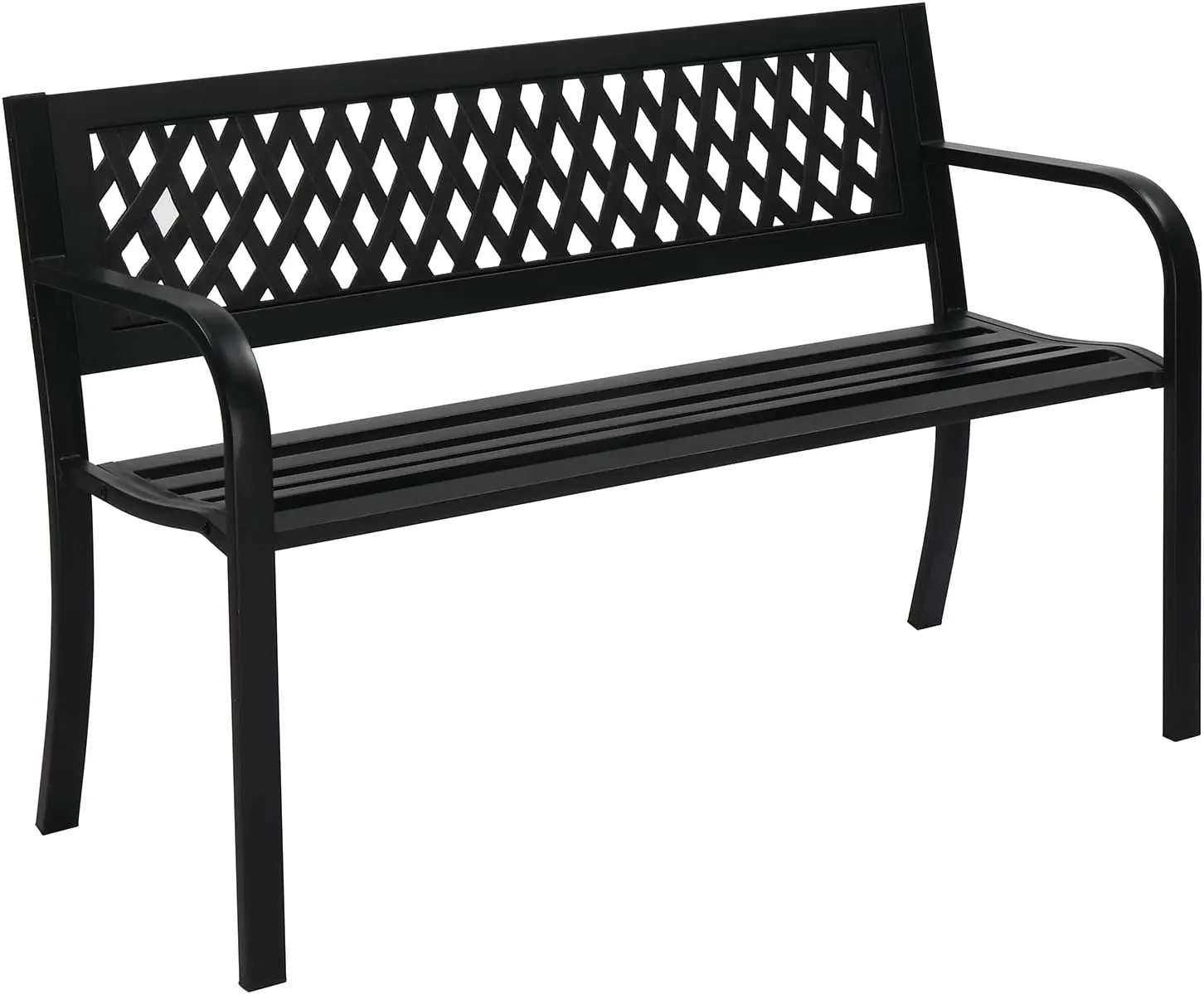 

Outdoor Bench Porch Patio Metal Garden w/PVC Back, Steel Black Outdoor Park for Yard Lawn Decor