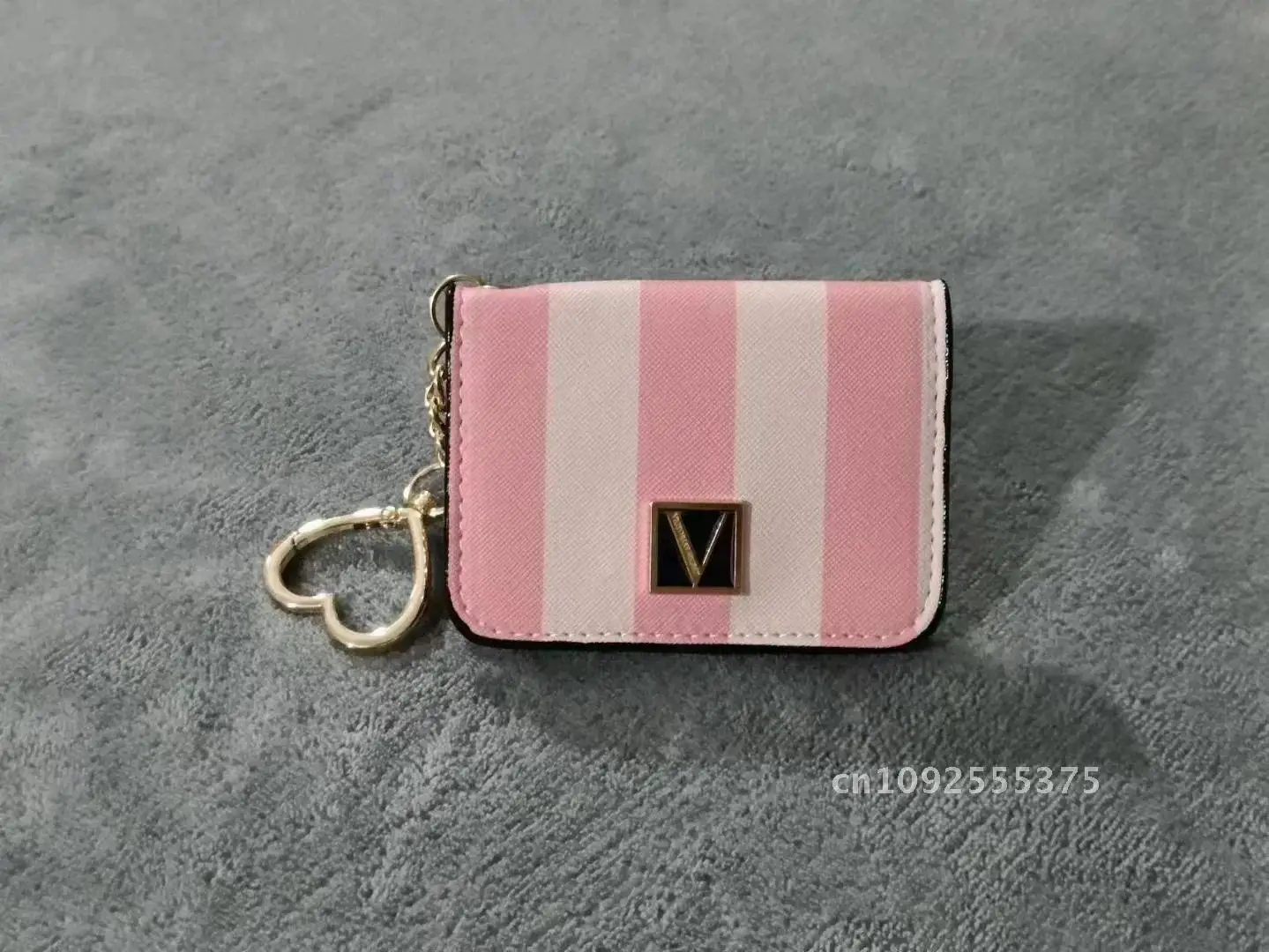 Girls Pink Striped Coin Purse Card Bag Women's Keychain Multi-card Document Bag