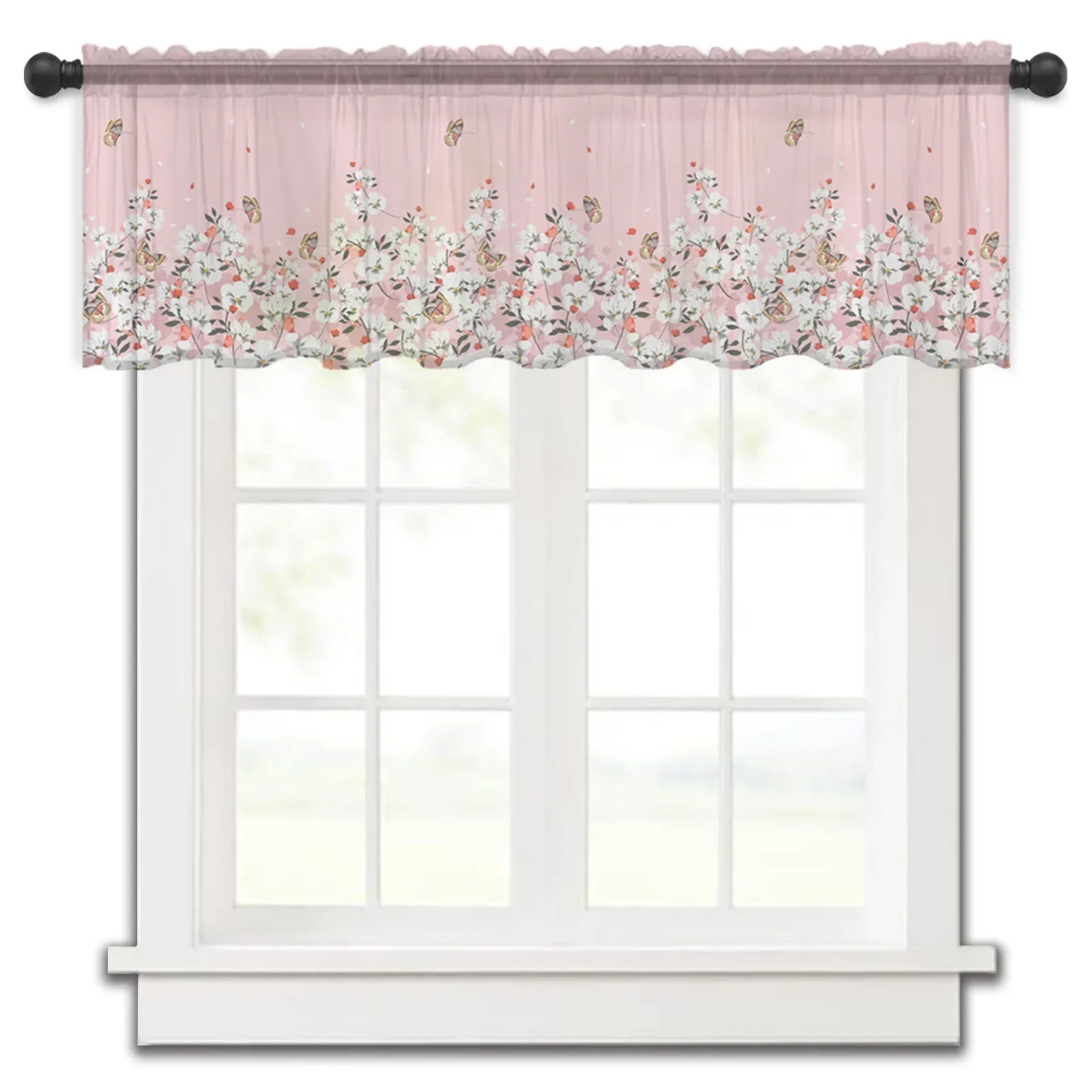 Pink Flower Plant Butterfly Kitchen Small Window Curtain Tulle Sheer Short Curtain Bedroom Living Room Home Decor Voile Drapes