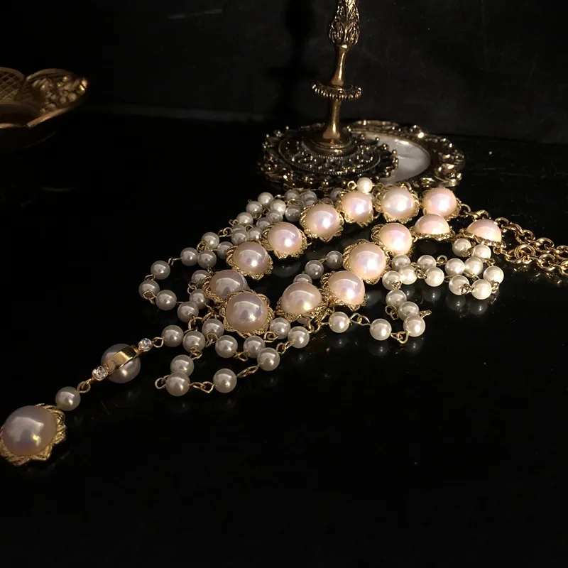 

pretty Pearl tassel necklace medieval, high-quality real gold-plated choker dress sweater chain necklace