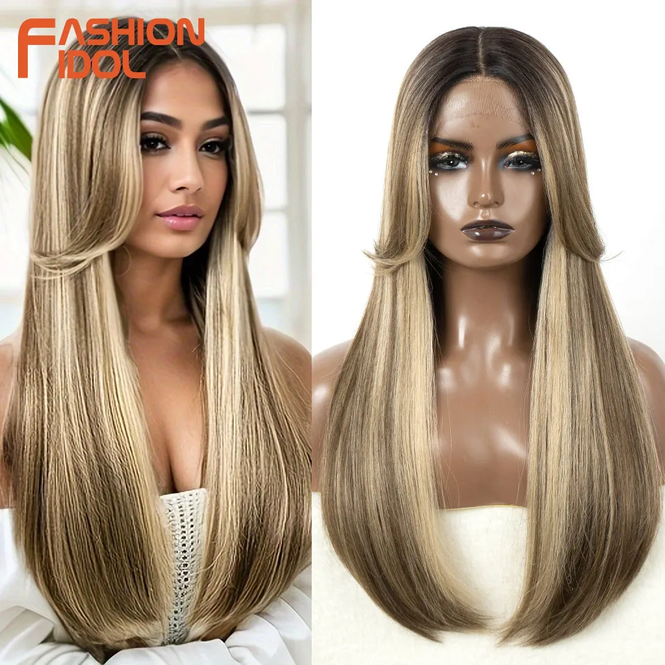 

FASHION IDOL Cosplay Wig Synthetic With Bangs Lace Front Wigs For Women Ombre Brown 24 Inch Highlight Glueless Straight Lace Wig