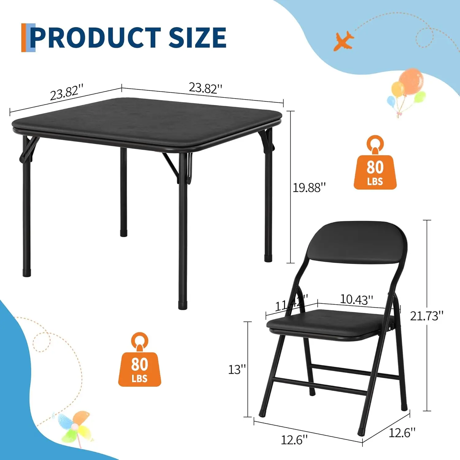 5-Piece Kids Folding Table and Chairs Set, Square Table | Foldable Children's Activity Table & Chair Set, Upholstered Chairs, Waterproof PU Top, No Assembly, Toddler Furniture, Black view 6